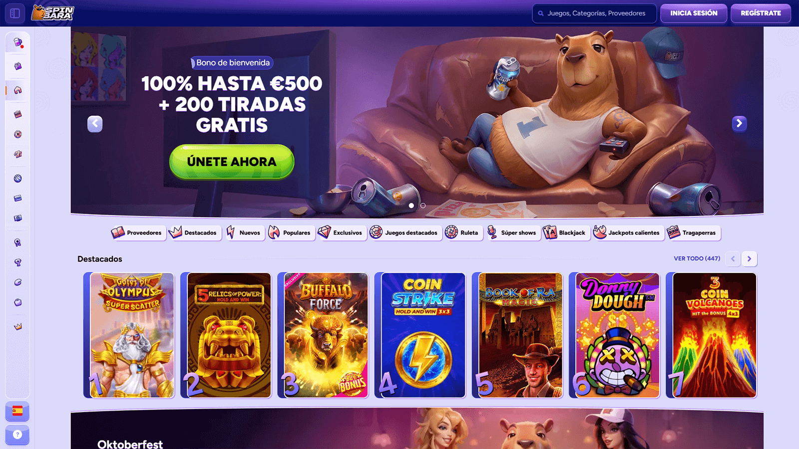 Pagina de inicio de SpinBara Casino en Chile