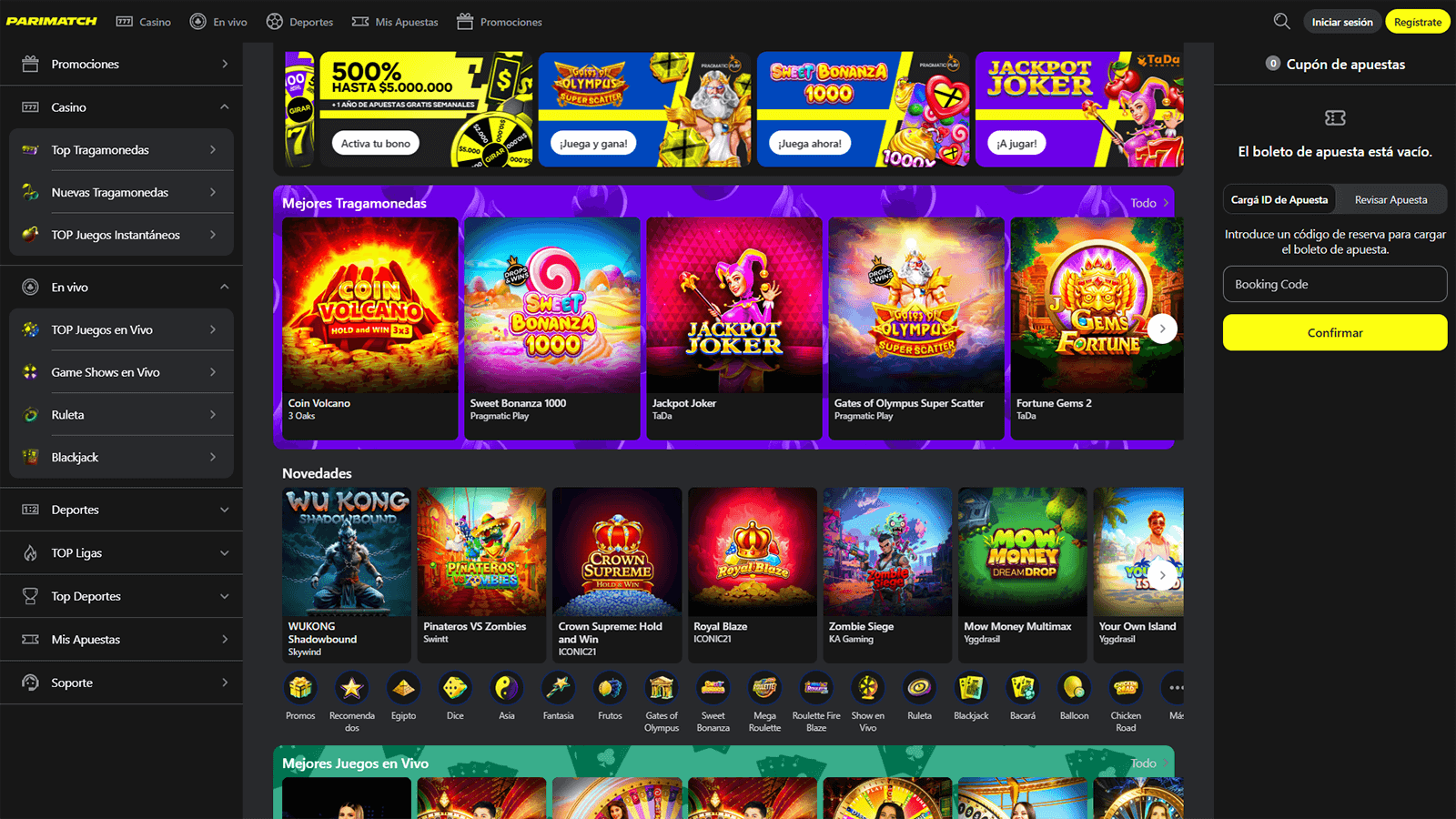 Pagina de inicio del casino Parimatch en Chile