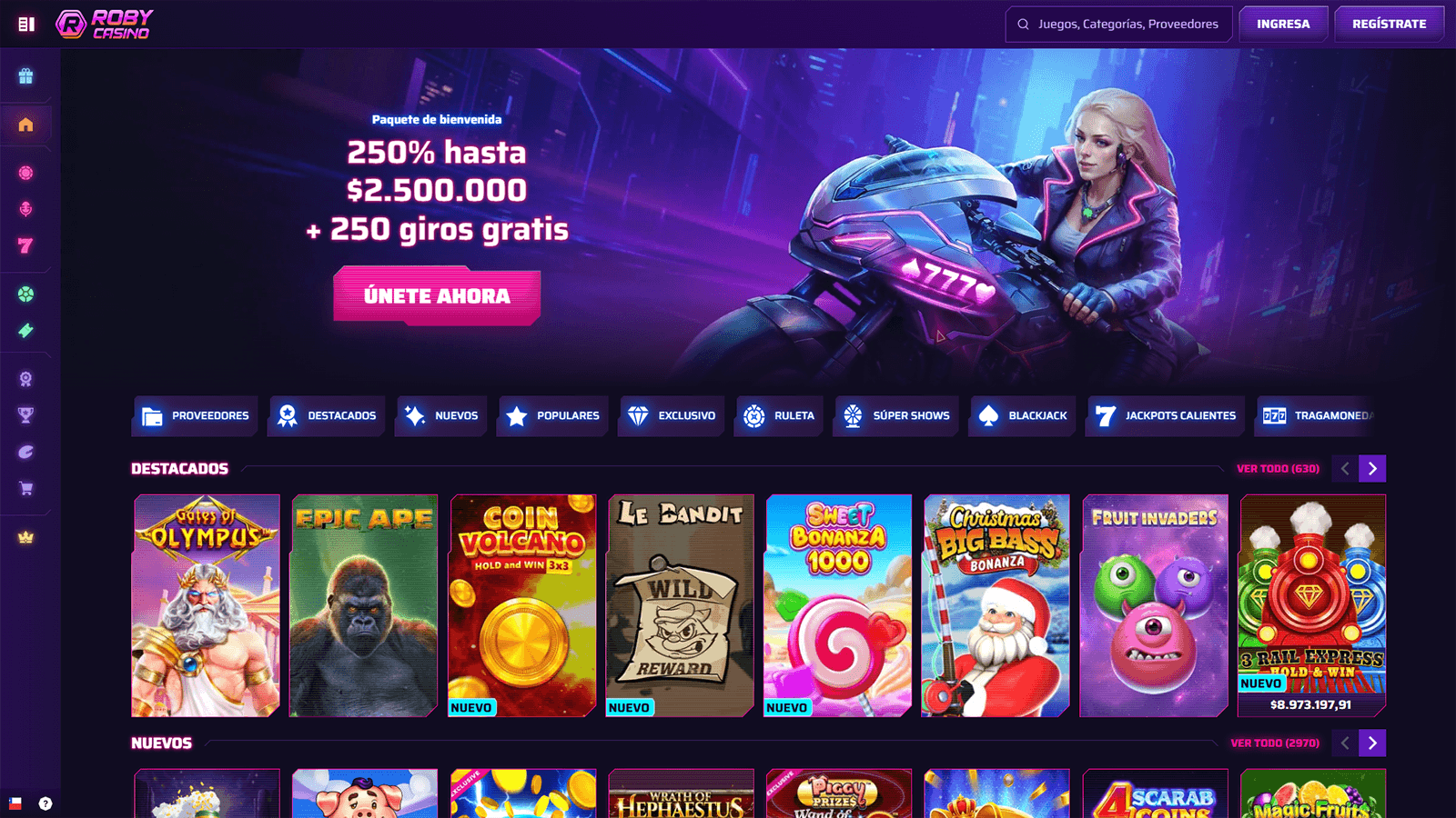 Página principal de Roby Casino en Chile