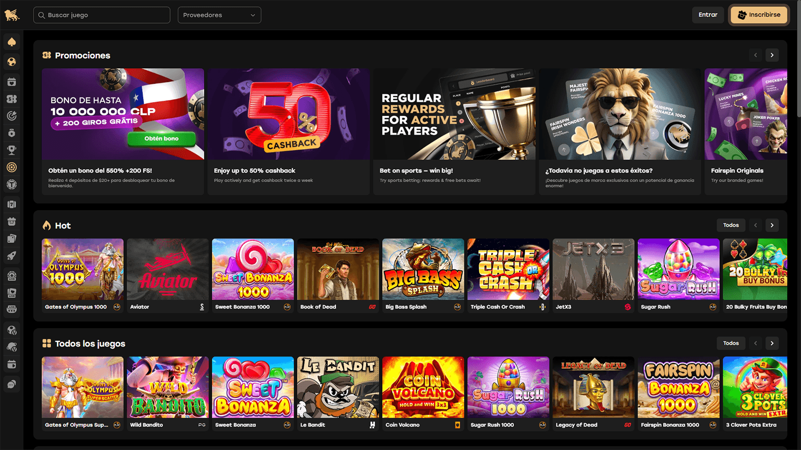 Página principal del casino Fairspin en Chile