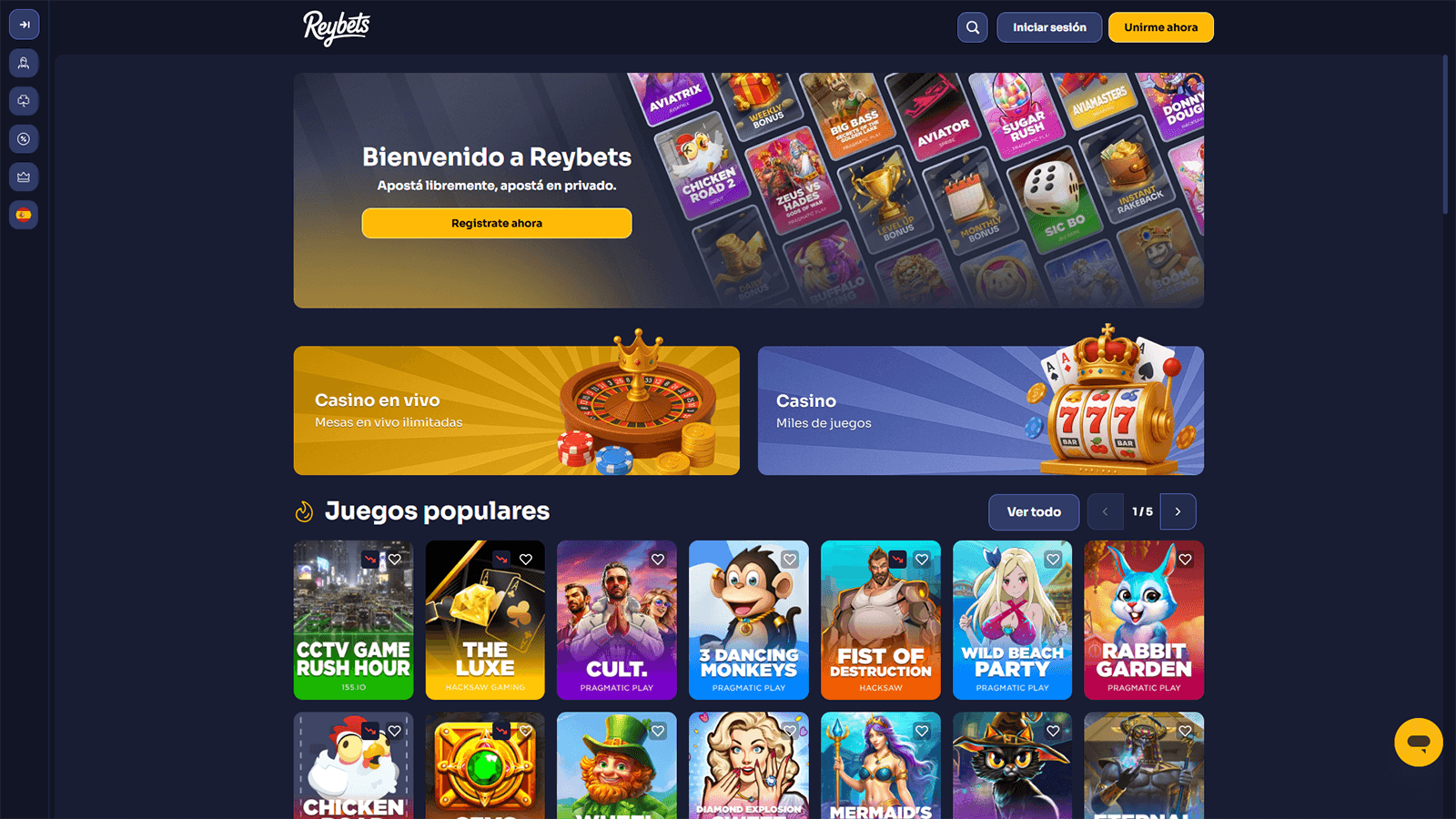 Página principal del casino Reybets en Chile