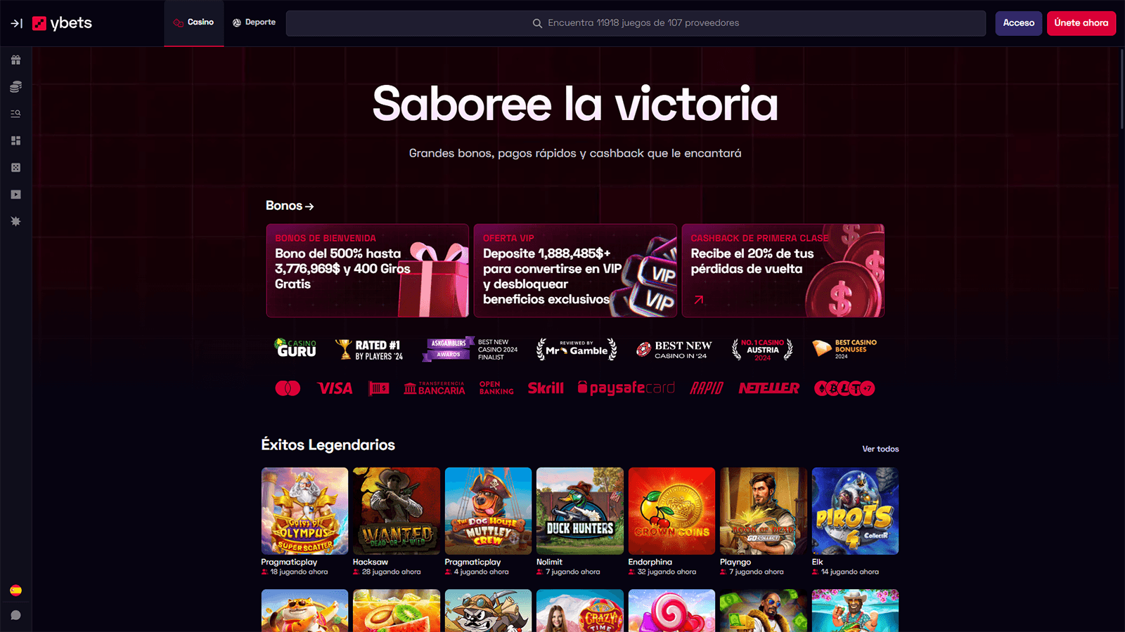 Página principal del casino Ybets en Chile